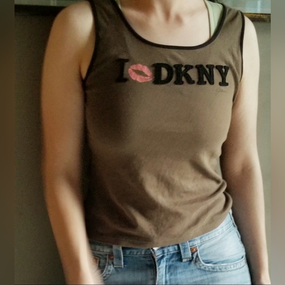 DKNY Brown Tank Top with Pink Kiss Logo and Black Trim
